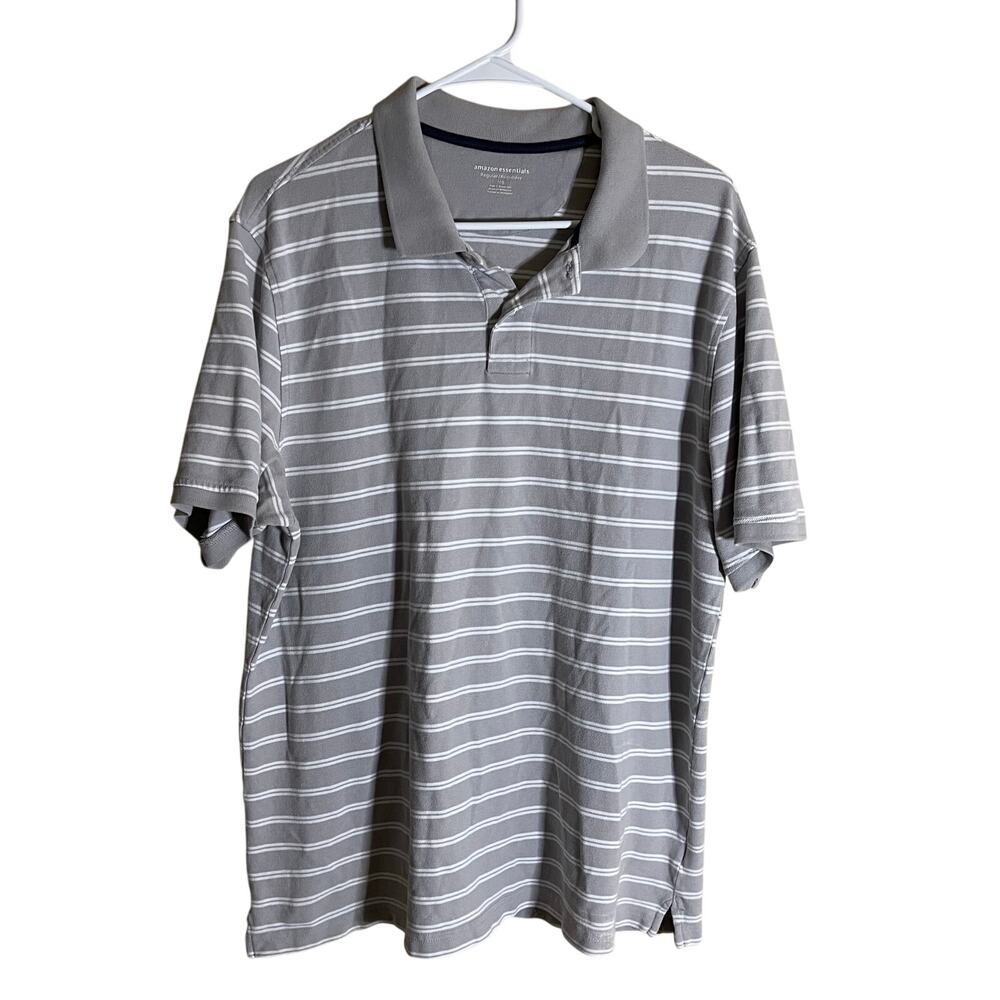 AmazonBasics Men Gray with White Stripes Polo L